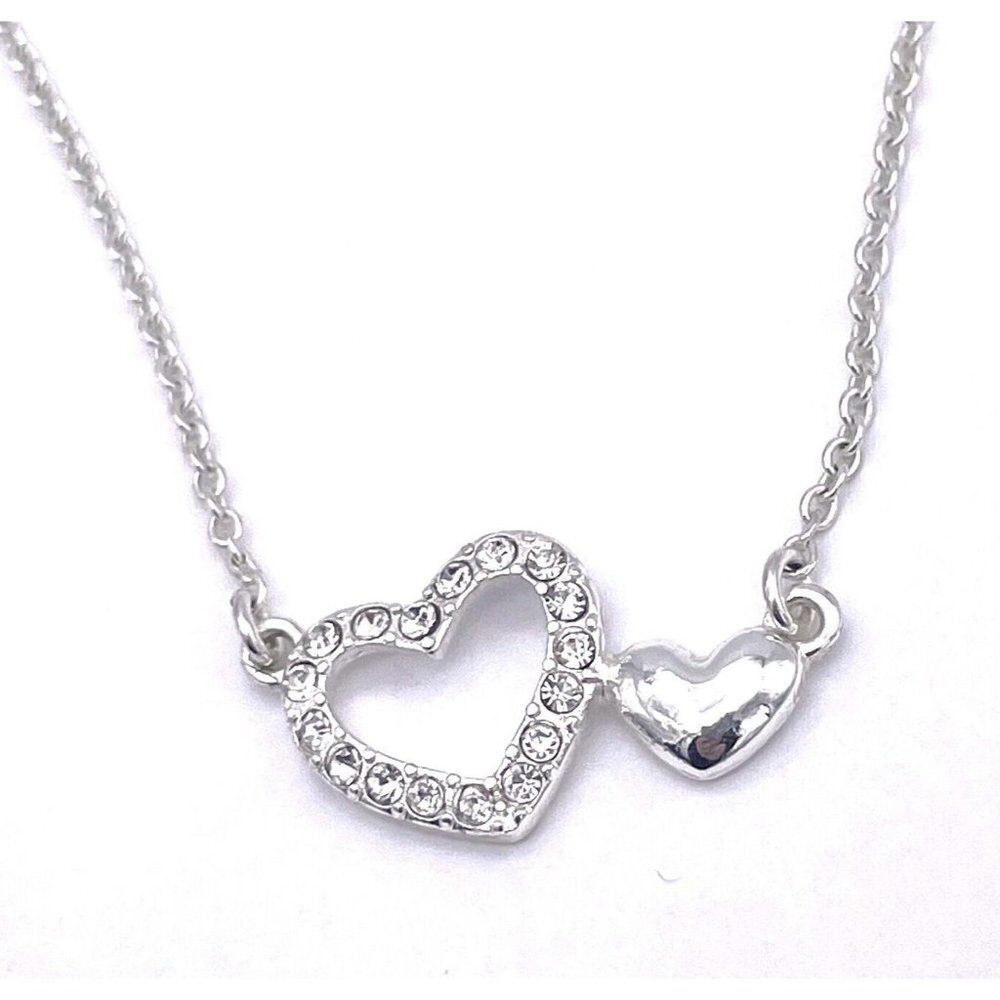 NRT Silver Tone Heart Pendant Rhinestone Chain Necklace Adjustable 17in to 20in